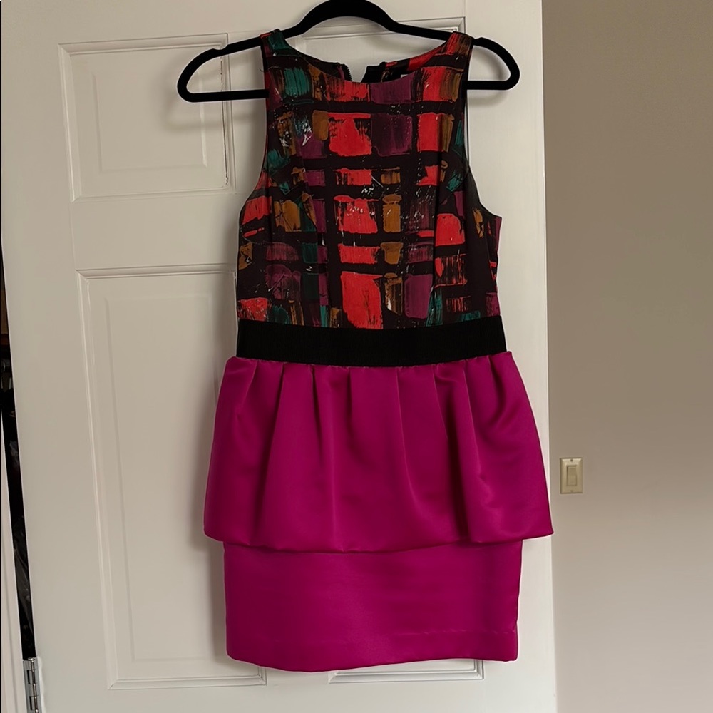 Milly Colorful satin dress with fuchsia peplum